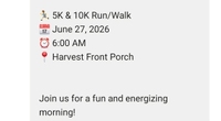 10k and 5k Run/Walk Harvest 27th June 2026 (Run Only on sidewalks)